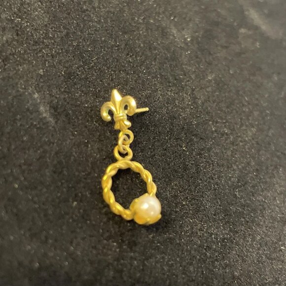 Gold Tone Fleur De Lis Stud Dangling Circle with Small Pearl in Center Earrings - Picture 9 of 9